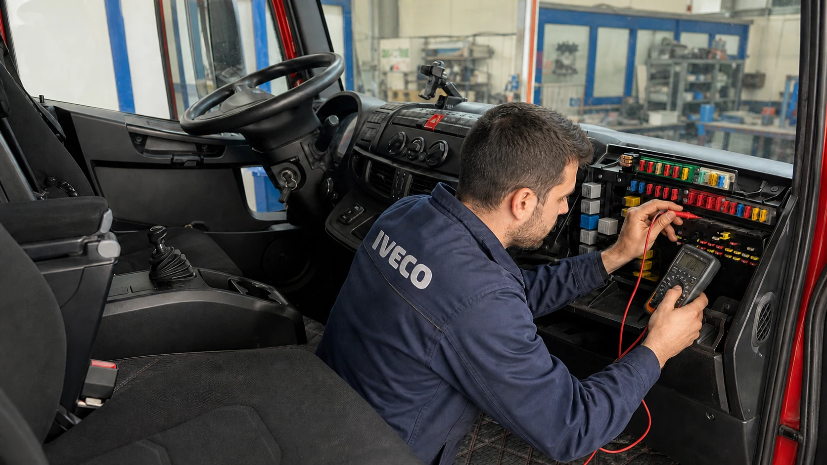 Elettrauto al controllo del portafusibili sul lato destro della cabina IVECO